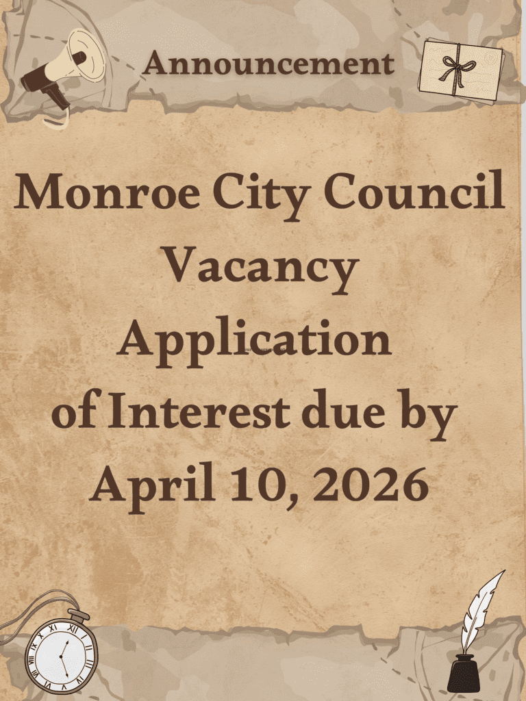 MONROE CITY COUNCIL VACANCY copy of brown beige vintage illustrated page announcement poster